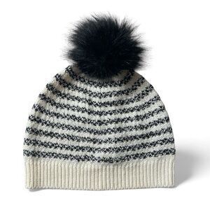Talbots Winter Beanie Black & White Striped Pom Hat